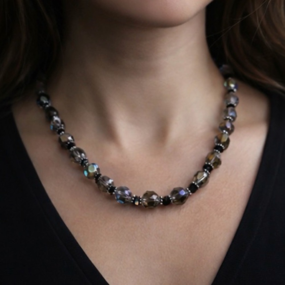 Vintage Aurora Borealis Crystal Necklace Smoky Glass 22” Celestial Moody